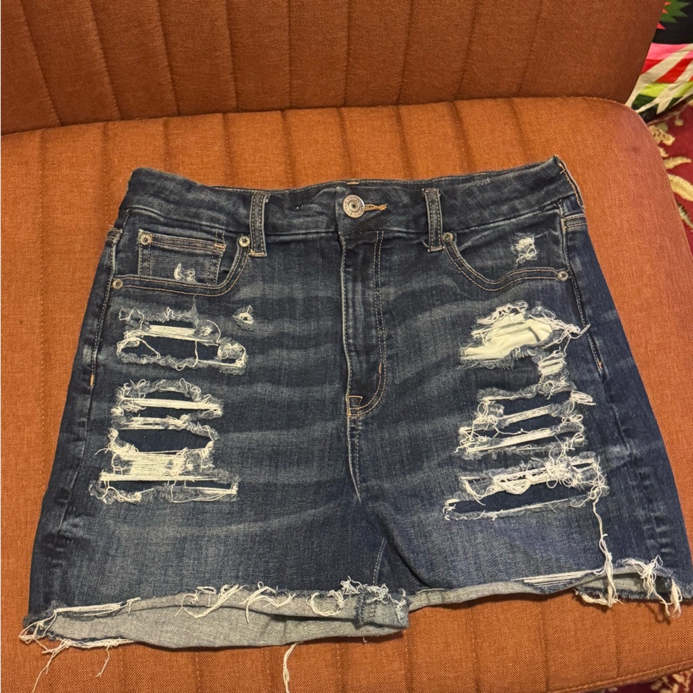 American Eagle Outfitters Distressed Dark Blue Denim High Waist Shorts